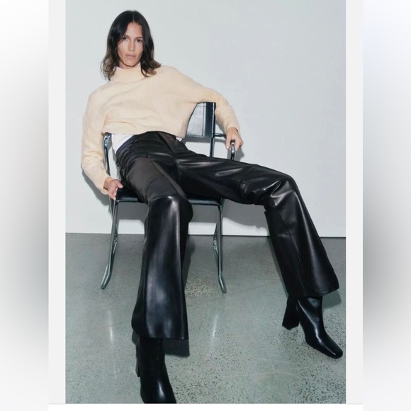 NWT $229 ZARA 100% Genuine Sheep Leather Black Flare Pants Limited Edition Sz XS - Picture 1 of 13
